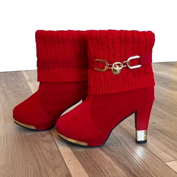 New BBLAN Red Suede Heeled Fashion Booties, Knit Fold-Over, Gold Accents US 7.5 - Picture 3 of 7